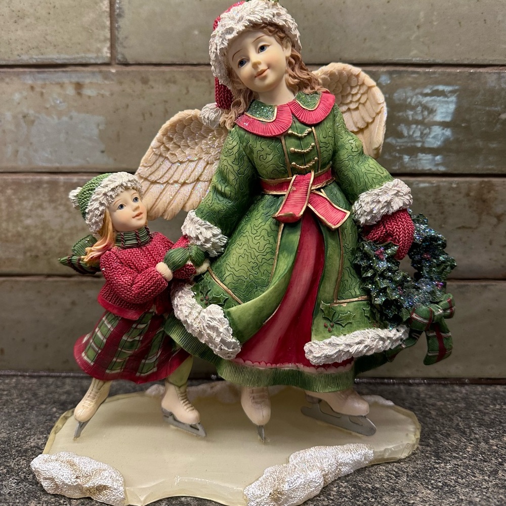 Angels Among Us Angel and Child Figurine in Green and Red Christmas